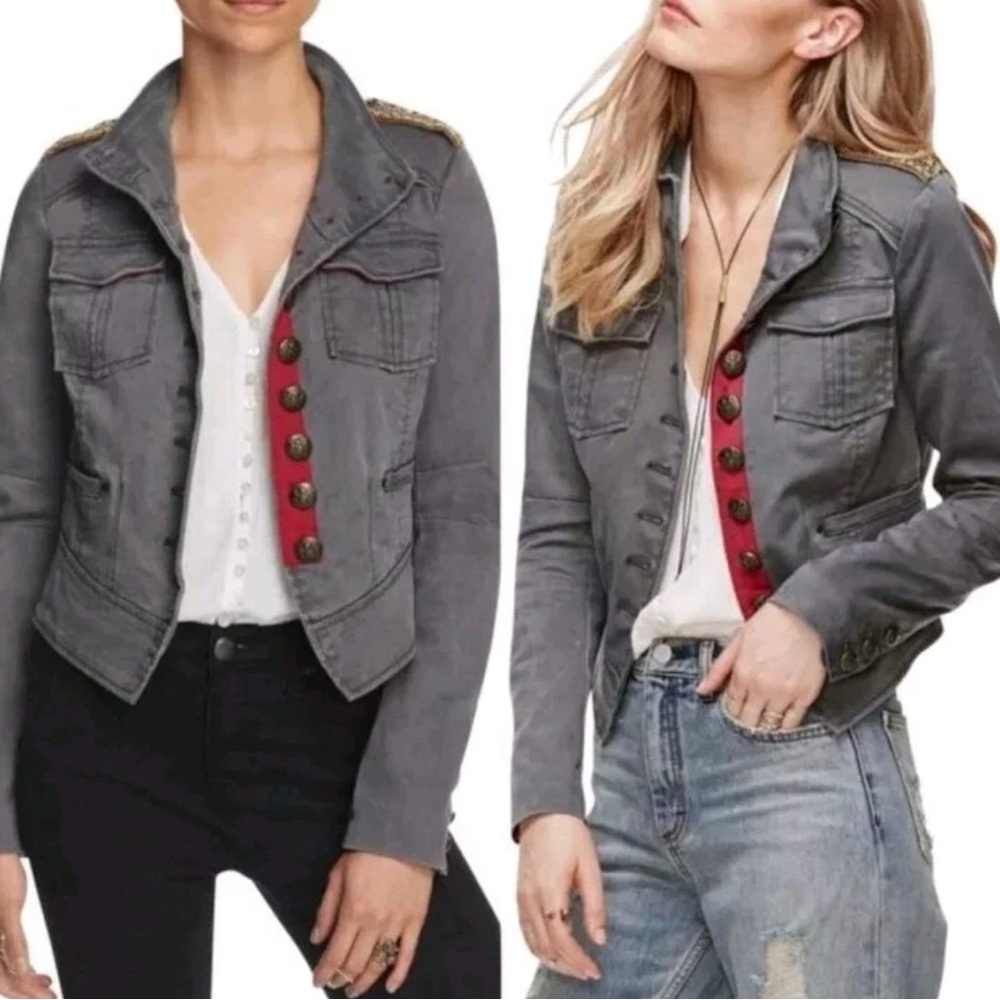 Free People Military Jacket Women S / P Gray Shrunken Officer Pocket Button Bead